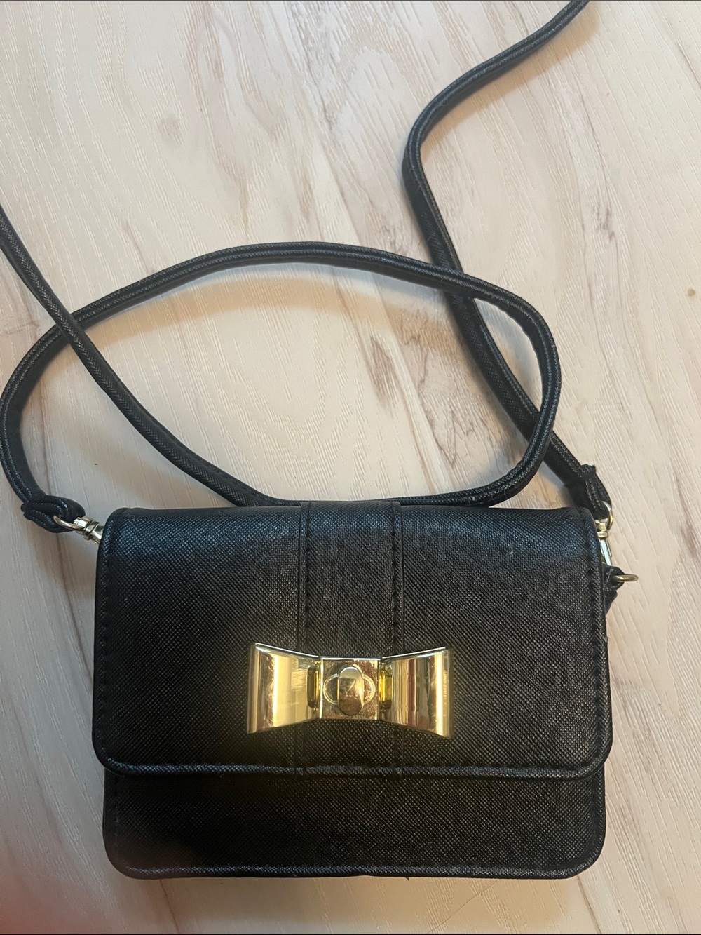 Black Mini Crossbody Bag with Gold Bow Detail